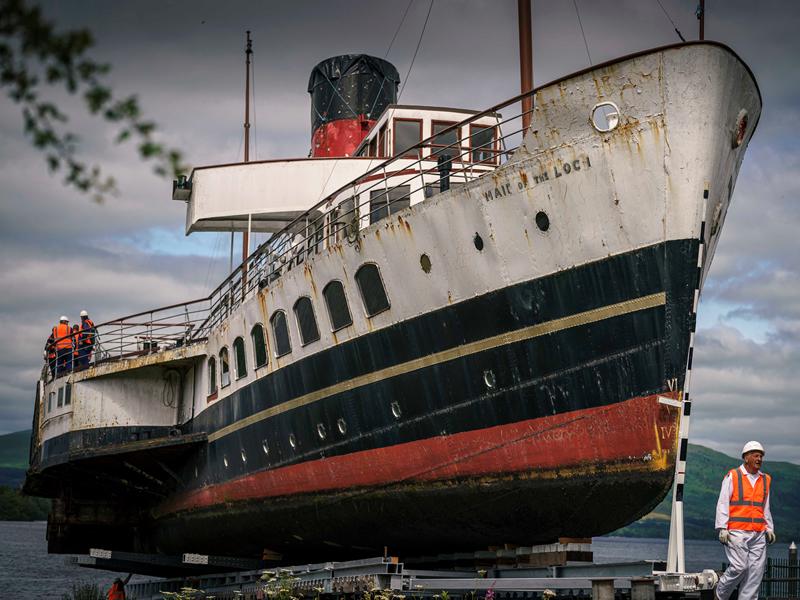 120yr old 430 tonne Maid of the Loch hauled out of Loch Lomond for restoration work