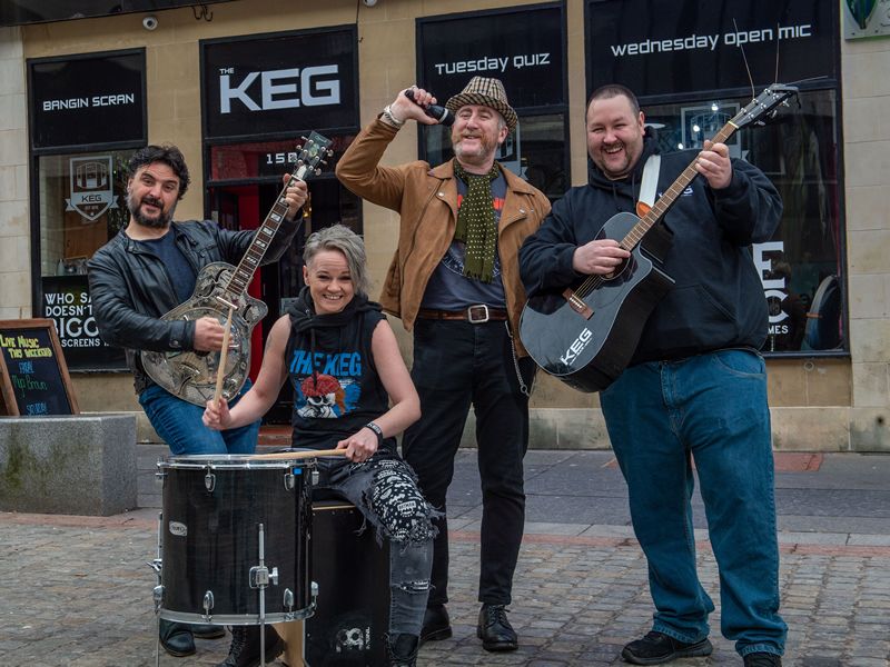 (From left) Craig Corbett and Billy Kinnear of Paisley band MrdB with (front) Heather Mckenzie and Trevor Mills of The Keg, Paisley