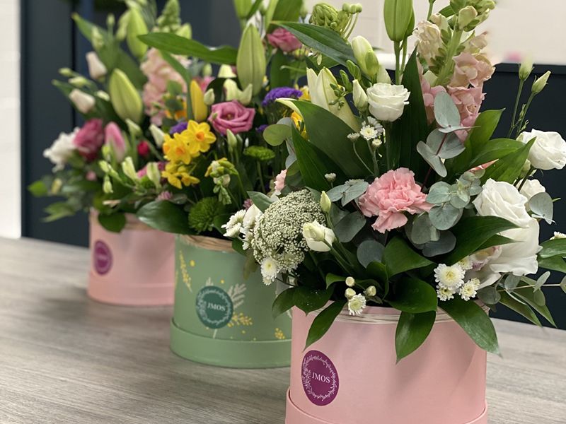 Spring Hatbox Arrangement at Jennifer Morrison Florist